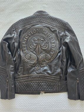 Affliction Dark Brown Embossed Leather Bomber Jacket. Limited Edition